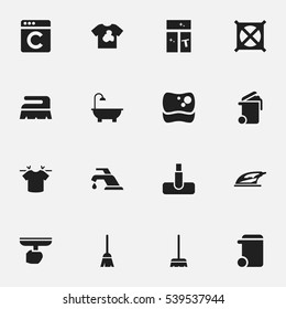 Set Of 16 Editable Cleaning Icons. Includes Symbols Such As Washing Glass, Faucet, Appliance And More. Can Be Used For Web, Mobile, UI And Infographic Design.