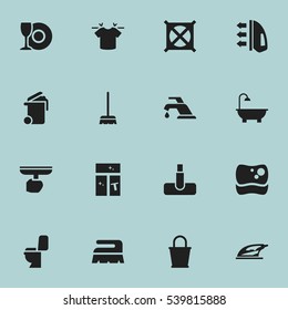 Set Of 16 Editable Cleaning Icons. Includes Symbols Such As Bathroom, Sweep, Steam And More. Can Be Used For Web, Mobile, UI And Infographic Design.