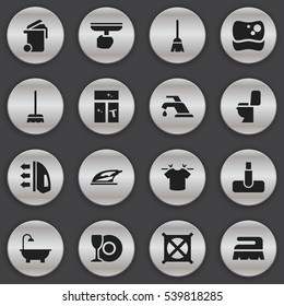 Set Of 16 Editable Cleaning Icons. Includes Symbols Such As Brush, Faucet, Broomstick And More. Can Be Used For Web, Mobile, UI And Infographic Design.