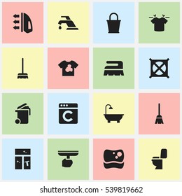 Set Of 16 Editable Cleaning Icons. Includes Symbols Such As Pail, Sweep, Brush And More. Can Be Used For Web, Mobile, UI And Infographic Design.