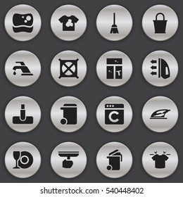 Set Of 16 Editable Cleaning Icons. Includes Symbols Such As Washing Glass, Plate, Laundress And More. Can Be Used For Web, Mobile, UI And Infographic Design.