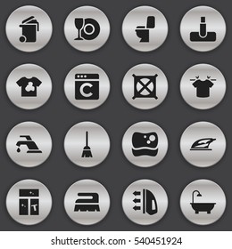 Set Of 16 Editable Cleaning Icons. Includes Symbols Such As Washing Glass, Laundress, Sweep And More. Can Be Used For Web, Mobile, UI And Infographic Design.