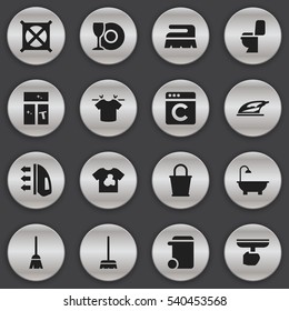 Set Of 16 Editable Cleaning Icons. Includes Symbols Such As Bathroom, Plate, Steam And More. Can Be Used For Web, Mobile, UI And Infographic Design.