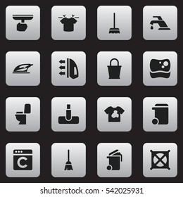 Set Of 16 Editable Cleaning Icons. Includes Symbols Such As Broomstick, Appliance, Faucet And More. Can Be Used For Web, Mobile, UI And Infographic Design.