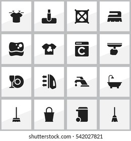 Set Of 16 Editable Cleaning Icons. Includes Symbols Such As No Laundry, Unclean Blouse, Pail And More. Can Be Used For Web, Mobile, UI And Infographic Design.