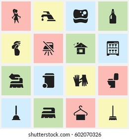 Set Of 16 Editable Cleaning Icons. Includes Symbols Such As Rubber Drain, Whisk, Washing Tool And More. Can Be Used For Web, Mobile, UI And Infographic Design.