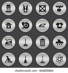 Set Of 16 Editable Cleaning Icons. Includes Symbols Such As Broomstick, Mopping, Servant And More. Can Be Used For Web, Mobile, UI And Infographic Design.