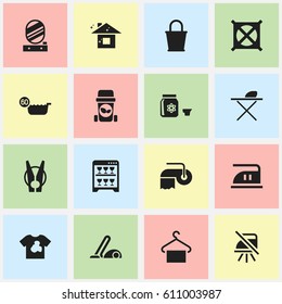 Set Of 16 Editable Cleaning Icons. Includes Symbols Such As Peg, Hazard, Dishwasher And More. Can Be Used For Web, Mobile, UI And Infographic Design.