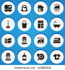 Set Of 16 Editable Cleaning Icons. Includes Symbols Such As Plate, Flatiron, Dishes Pile And More. Can Be Used For Web, Mobile, UI And Infographic Design.