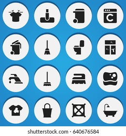 Set Of 16 Editable Cleaning Icons. Includes Symbols Such As Broomstick, Clean T-Shirt, Washing Glass And More. Can Be Used For Web, Mobile, UI And Infographic Design.
