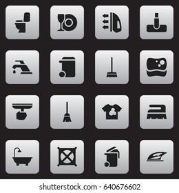 Set Of 16 Editable Cleaning Icons. Includes Symbols Such As Faucet, Bathroom, Whisk And More. Can Be Used For Web, Mobile, UI And Infographic Design.