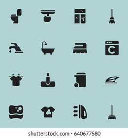 Set Of 16 Editable Cleaning Icons. Includes Symbols Such As Brush, Clean T-Shirt, Unclean Blouse And More. Can Be Used For Web, Mobile, UI And Infographic Design.