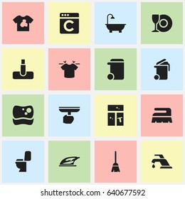 Set Of 16 Editable Cleaning Icons. Includes Symbols Such As Washing Tool, Container, Bathroom And More. Can Be Used For Web, Mobile, UI And Infographic Design.