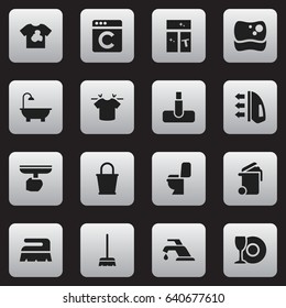Set Of 16 Editable Cleaning Icons. Includes Symbols Such As Pail, Bathroom, Steam And More. Can Be Used For Web, Mobile, UI And Infographic Design.