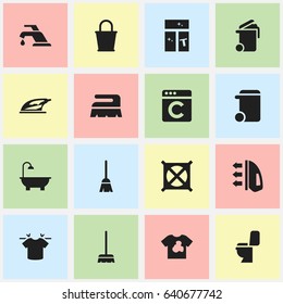 Set Of 16 Editable Cleaning Icons. Includes Symbols Such As Dustbin, Clean T-Shirt, Container And More. Can Be Used For Web, Mobile, UI And Infographic Design.