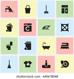 Set Of 16 Editable Cleaning Icons. Includes Symbols Such As Washing Glass, Hoover, Faucet And More. Can Be Used For Web, Mobile, UI And Infographic Design.