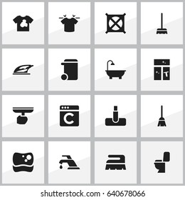 Set Of 16 Editable Cleaning Icons. Includes Symbols Such As No Laundry, Brush, Laundress And More. Can Be Used For Web, Mobile, UI And Infographic Design.