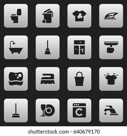 Set Of 16 Editable Cleaning Icons. Includes Symbols Such As Clean T-Shirt, Washing Glass, Unclean Blouse And More. Can Be Used For Web, Mobile, UI And Infographic Design.