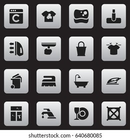Set Of 16 Editable Cleaning Icons. Includes Symbols Such As Laundress, Hoover, Clean T-Shirt And More. Can Be Used For Web, Mobile, UI And Infographic Design.