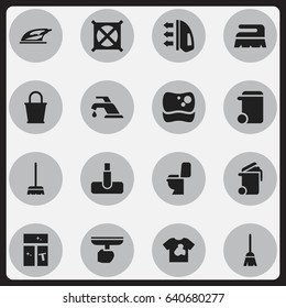 Set Of 16 Editable Cleaning Icons. Includes Symbols Such As Unclean Blouse, Restroom, Container And More. Can Be Used For Web, Mobile, UI And Infographic Design.