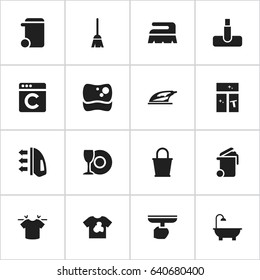 Set Of 16 Editable Cleaning Icons. Includes Symbols Such As Washing Glass, Plate, Unclean Blouse And More. Can Be Used For Web, Mobile, UI And Infographic Design.