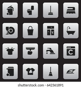 Set Of 16 Editable Cleaning Icons. Includes Symbols Such As Faucet, Appliance, Sweep And More. Can Be Used For Web, Mobile, UI And Infographic Design.