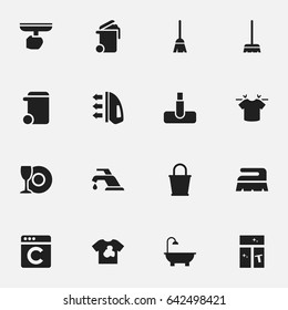 Set Of 16 Editable Cleaning Icons. Includes Symbols Such As Dustbin, Steam, Container And More. Can Be Used For Web, Mobile, UI And Infographic Design.