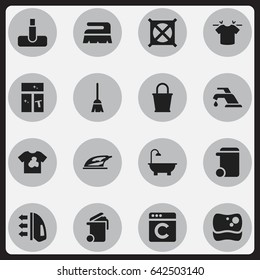 Set Of 16 Editable Cleaning Icons. Includes Symbols Such As Washing Glass, Pail, Hoover And More. Can Be Used For Web, Mobile, UI And Infographic Design.