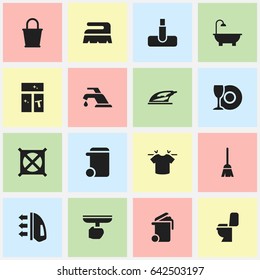 Set Of 16 Editable Cleaning Icons. Includes Symbols Such As Bathroom, Pail, Washing Glass And More. Can Be Used For Web, Mobile, UI And Infographic Design.