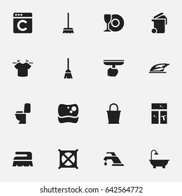 Set Of 16 Editable Cleaning Icons. Includes Symbols Such As Faucet, Clean T-Shirt, Broomstick And More. Can Be Used For Web, Mobile, UI And Infographic Design.
