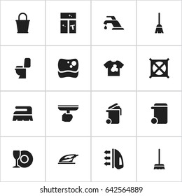 Set Of 16 Editable Cleaning Icons. Includes Symbols Such As Brush, Pail, No Laundry And More. Can Be Used For Web, Mobile, UI And Infographic Design.