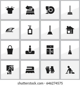 Set Of 16 Editable Cleaning Icons. Includes Symbols Such As Washing Glass, Pail, Rubber Drain And More. Can Be Used For Web, Mobile, UI And Infographic Design.