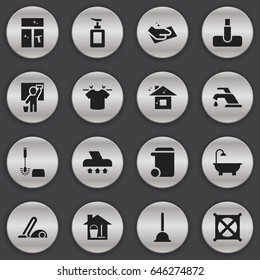 Set Of 16 Editable Cleaning Icons. Includes Symbols Such As Faucet, Exhauster, Hoover And More. Can Be Used For Web, Mobile, UI And Infographic Design.