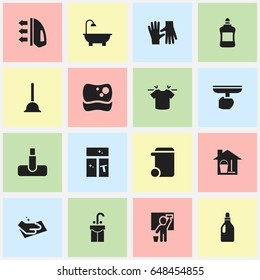 Set Of 16 Editable Cleaning Icons. Includes Symbols Such As Washing Glass, Laundry Detergent, Cleaner And More. Can Be Used For Web, Mobile, UI And Infographic Design.
