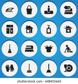 Set Of 16 Editable Cleaning Icons. Includes Symbols Such As Servant, Broomstick, Appliance And More. Can Be Used For Web, Mobile, UI And Infographic Design.