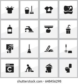 Set Of 16 Editable Cleaning Icons. Includes Symbols Such As Faucet, Broomstick, Sink And More. Can Be Used For Web, Mobile, UI And Infographic Design.