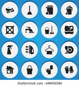Set Of 16 Editable Cleaning Icons. Includes Symbols Such As Plate, Container, Restroom And More. Can Be Used For Web, Mobile, UI And Infographic Design.