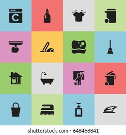 Set Of 16 Editable Cleaning Icons. Includes Symbols Such As Brush, Pail, Vacuum Cleaner And More. Can Be Used For Web, Mobile, UI And Infographic Design.