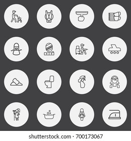 Set Of 16 Editable Cleaning Outline Icons. Includes Symbols Such As Basin, Vacuum Cleaner, Vacuuming And More. Can Be Used For Web, Mobile, UI And Infographic Design.