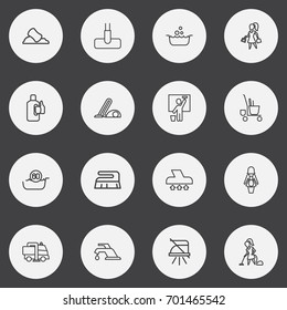 Set Of 16 Editable Cleaning Outline Icons. Includes Symbols Such As Vacuum Cleaner, Notice, Brush And More. Can Be Used For Web, Mobile, UI And Infographic Design.