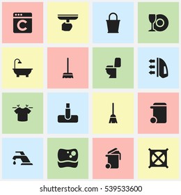 Set Of 16 Editable Cleanup Icons. Includes Symbols Such As Hoover, Bathroom, Restroom And More. Can Be Used For Web, Mobile, UI And Infographic Design.