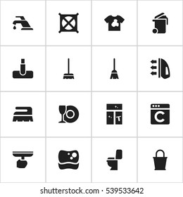 Set Of 16 Editable Cleanup Icons. Includes Symbols Such As Restroom, Whisk, Brush And More. Can Be Used For Web, Mobile, UI And Infographic Design.