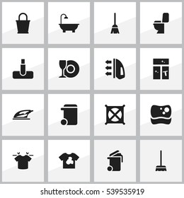 Set Of 16 Editable Cleanup Icons. Includes Symbols Such As Hoover, Clean T-Shirt, Container And More. Can Be Used For Web, Mobile, UI And Infographic Design.