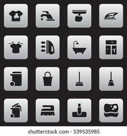 Set Of 16 Editable Cleanup Icons. Includes Symbols Such As Appliance, Pail, Steam And More. Can Be Used For Web, Mobile, UI And Infographic Design.