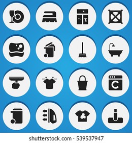 Set Of 16 Editable Cleanup Icons. Includes Symbols Such As Unclean Blouse, Sweep, Bathroom And More. Can Be Used For Web, Mobile, UI And Infographic Design.