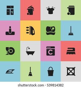 Set Of 16 Editable Cleanup Icons. Includes Symbols Such As Whisk, Clean T-Shirt, Appliance And More. Can Be Used For Web, Mobile, UI And Infographic Design.
