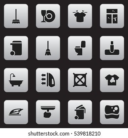 Set Of 16 Editable Cleanup Icons. Includes Symbols Such As Hoover, No Laundry, Appliance And More. Can Be Used For Web, Mobile, UI And Infographic Design.