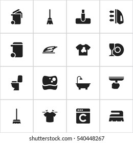 Set Of 16 Editable Cleanup Icons. Includes Symbols Such As Broomstick, Hoover, Laundress And More. Can Be Used For Web, Mobile, UI And Infographic Design.