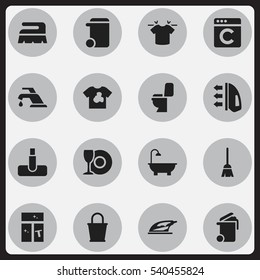 Set Of 16 Editable Cleanup Icons. Includes Symbols Such As Washing Glass, Unclean Blouse, Appliance And More. Can Be Used For Web, Mobile, UI And Infographic Design.