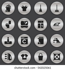 Set Of 16 Editable Cleanup Icons. Includes Symbols Such As Unclean Blouse, Pail, Hoover And More. Can Be Used For Web, Mobile, UI And Infographic Design.